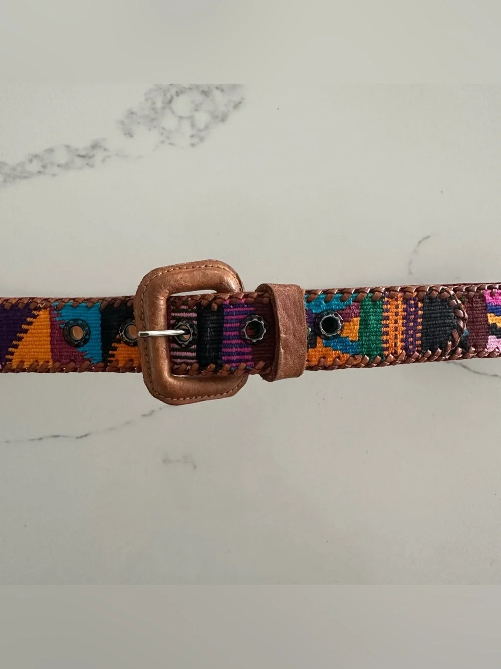 Anthropologie Vintage Embroidered Leather Belt Camel Multicolor Size 32 / M